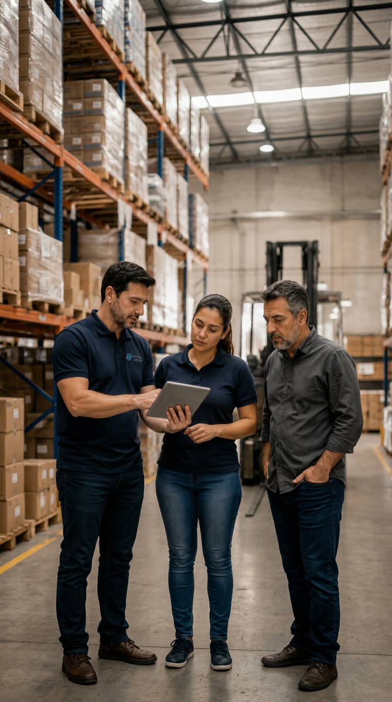 Consultores da Oficina Supply analisando informações em um armazém